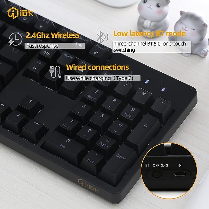 IROK FE87/104 Pro Wirless hot-swappable Gaming Keyboard, backlighting Mechanical Keyboard, Silenced Construction, Bluetooth/2.4G/Wired for Windows PC Gamers Black-Red Switch
