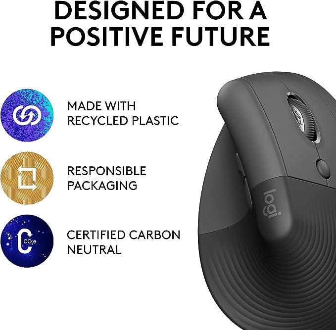 Logitech Lift Vertical Ergonomic Mouse, Wireless, Bluetooth or Logi Bolt USB receiver, Quiet clicks, 4 buttons, compatible with Windows/macOS/iPadOS, Laptop, PC - Graphite