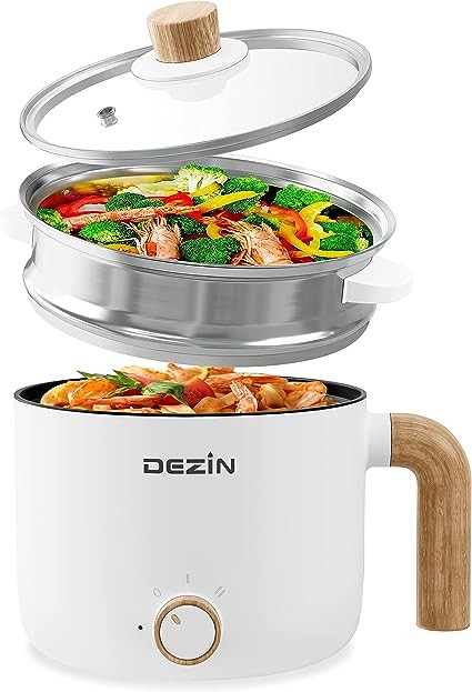 Dezin Hot Pot Electric, 1.5L Portable Ramen Cooker with Nonstick Coating, Mini Hot Pot for Dorm/Office/Travel, Multi-Function Hot Pot for Stir Fry, Steak, Noodles, Soup, Pasta (Egg Rack Included)