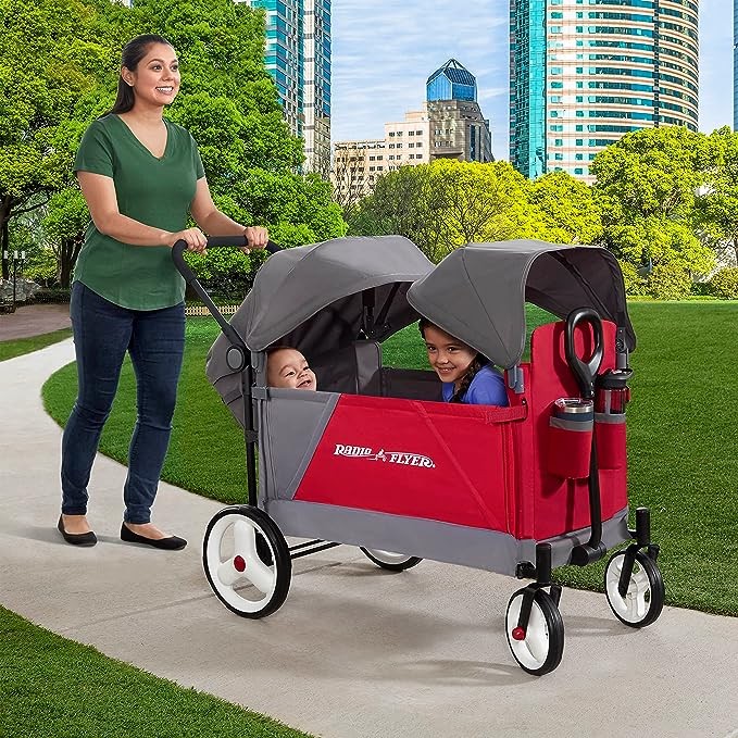 Radio Flyer Discovery Stroll 'N Wagon with Canopy, Folding 4-Wheeler with Single Reclining Seat for 1 Year Old and Up