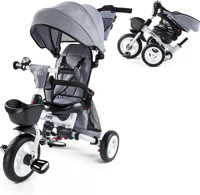 JMMD Baby Tricycle,7 in 1 Folding Children's Tricycle with Adjustable Parent Handle,Seat Belt and Wheel Brakes,Removable Canopy,Storage,Stroller Bike Gift for Toddlers 18 Months - 5 Years,Gray